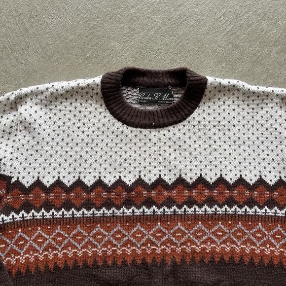 Vintage 70s Colin St Marx Sweater Size Medium Brown Geometric Pullover Acrylic - Picture 2 of 5